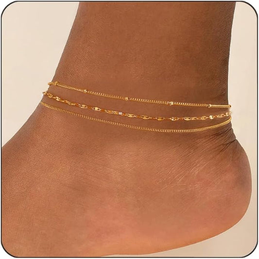 Gold Plated Ankle Bracelets For Women Waterproof,18k Gold Plated Anklets Layered Thin Snake Chain Herringbone Anklets Non Tarnish Stainless Steel Dainty Summer Jewelry Set Gift For Women