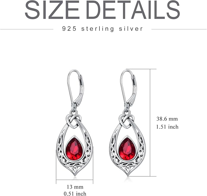 Celtic Knot Dangle Earrings 925 Sterling Silver Oxidized Vintage Drop Leverback Earrings with 8 * 6mm Simulated Birthstone Crystal Christmas Jewelry Gifts for Women (Gift Box)