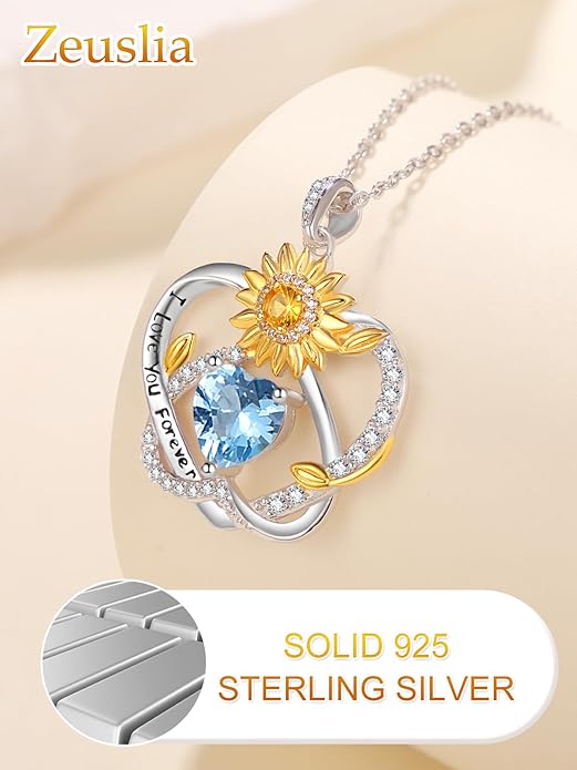 Zeuslia Double Birthstone Necklace Gifts for Wife - 925 Sterling Silver Sunflower/Rose/Crown Cross/Compass/Heart Pendant I Love You Necklace, Anniversary Birthday Gifts for Wife Girlfriend Mom Her