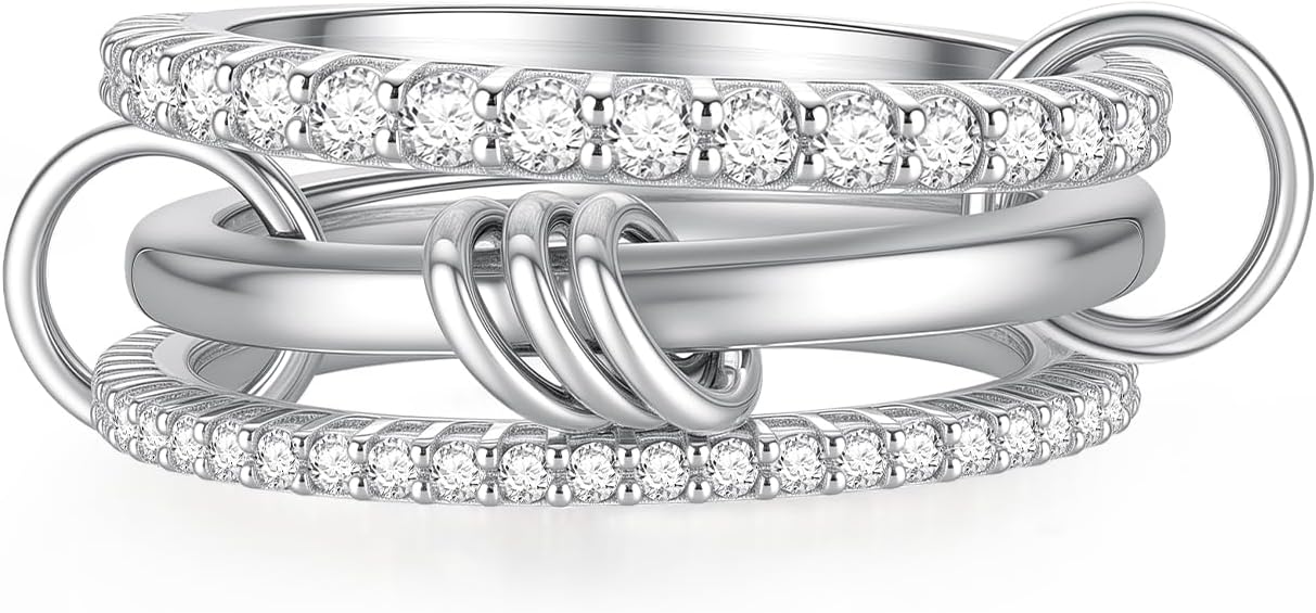 Emibele 14K Gold Plated Stackable Rings for Women, Interlocking Non Tarnish Gold Rings, Silver Dainty Cubic Zirconia Bands, Two-Toned Mixed Metal Stacking Band, Trendy Jewelry Gifts for Women