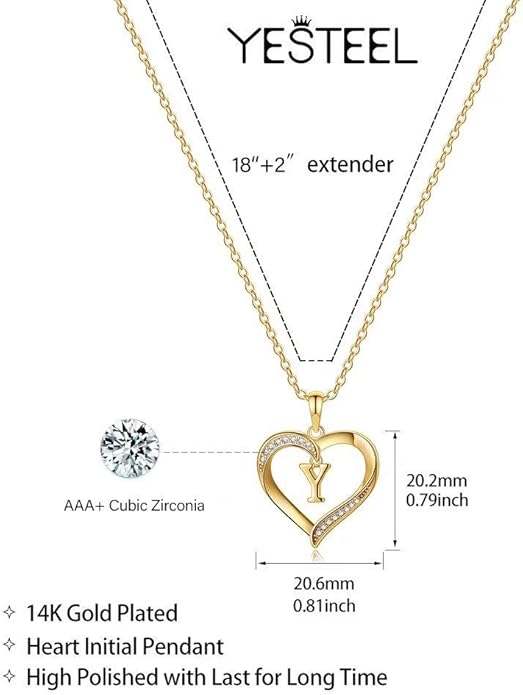Heart Initial Necklace for Women, 14K Gold Plated Cubic Zirconia Heart Pendant Necklace, Dainty Initial Charm Necklace Letter A to Z Initial Jewelry for Women Girls
