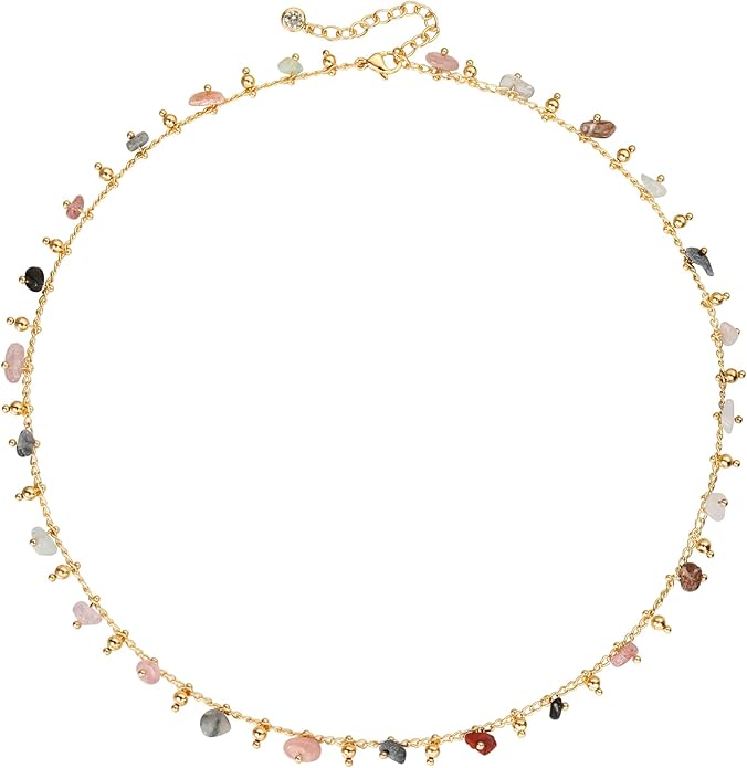 MTMY Beaded Necklaces for Women 14K Gold Plated Dainty Colorful Green/Rose Beaded Pearl Choker Necklace Delicate Boho Choker Necklace Jewelry Gift