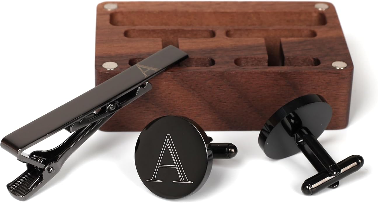 Mens Initial Cufflinks and Tie Clip A-Z Alphabet Letter Black Stainless Cuff Links Tie Bar with Engraved Walnut Wood Box Groom Groomsman Wedding Set