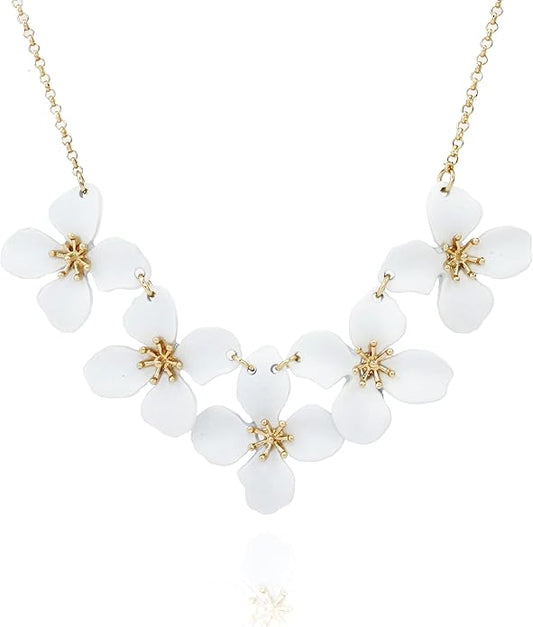 POMINA White Flower Statement Necklace for Women, Floral Bib Collar Necklace with Adjustable Chain, Flower Earrings, Elegant Costume Jewelry for Weddings, Gifts for Women