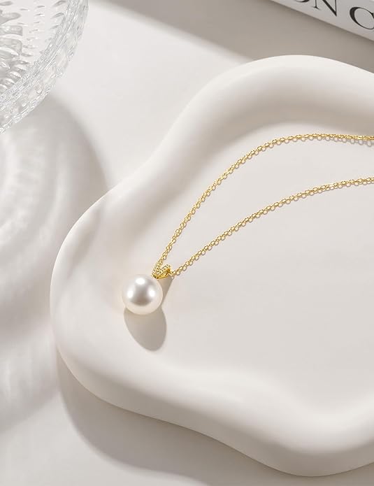 Mameloly Pearl Necklaces for Women Trendy 925 Sterling Silver Dainty V CZ Pendant 10MM/12MM Single Simulated White Pearl Choker Necklace for Women Wedding Cute Jewelry