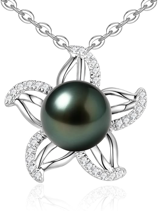 Genuine Tahitian Black Pearl Necklace for Women, 9-11mm AAAA Seawater Pearl with Sterling Silver Moissanite Pendant, Jewelry Gift for Wife, Mom, Girlfriend, Wedding Anniversary, Birthday, Christmas