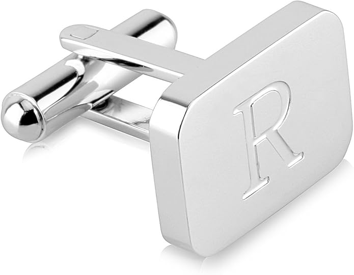 18K White-Gold Plated Initial Engraved Stainless Steel Men’s Cufflinks With Gift Box -Personalized Alphabet Letter’s A-Z By Lux & Pair