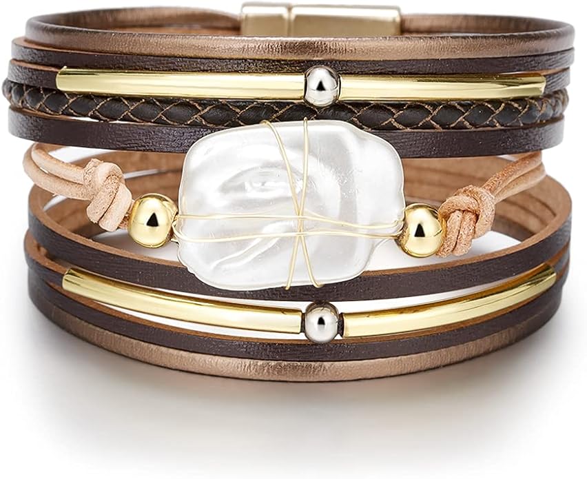 Fesciory Leopard Bracelet for Women, Boho Leather Wrap Multi-Layer Pearl Crystal Bracelet Bangle Jewelry