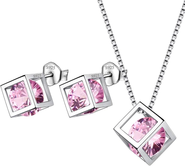 Aurora Tears Birthstone Necklace/Earring 925 Sterling Silver Women Cross/3D Cube/Cresent Moon Birth Stone Jewelry Mens Birthday Gift Anniversary Present