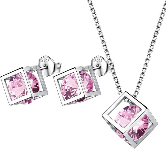 Aurora Tears Birthstone Necklace/Earring 925 Sterling Silver Women Cross/3D Cube/Cresent Moon Birth Stone Jewelry Mens Birthday Gift Anniversary Present