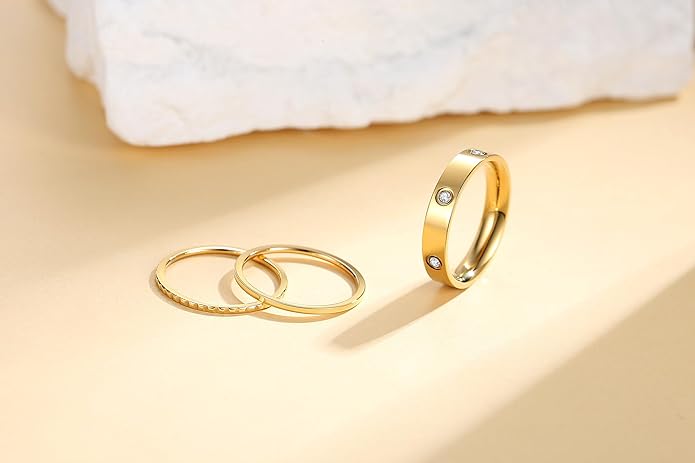 Kenizum Elegant 3PCS Cubic Zirconia Stackable Love Rings for Women, 18k Gold-Plated Silver-Plated 316L Stainless Steel Hypoallergenic Jewelry, Easter Anniversary Birthday Gifts for Mom friends Sister