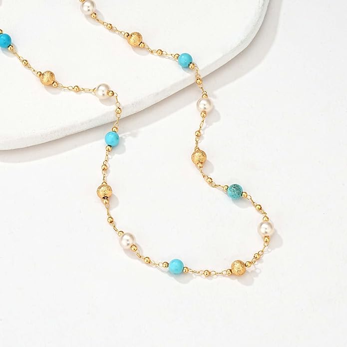MTMY Beaded Necklaces for Women 14K Gold Plated Dainty Colorful Green/Rose Beaded Pearl Choker Necklace Delicate Boho Choker Necklace Jewelry Gift