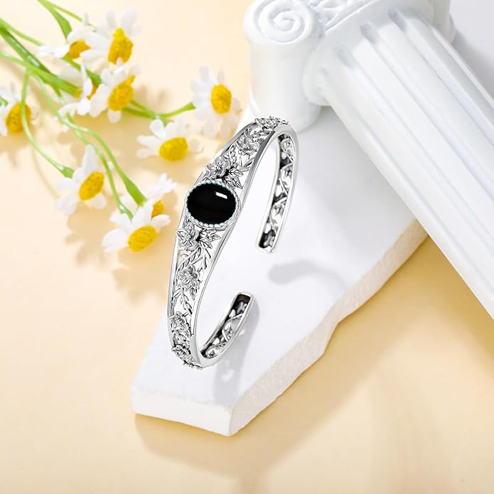 Genuine Turquoise Vintage Flower Bracelet Bangle, Sterling Silver Boho Adjustable Bangle Cuff Native American Jewelry for Women, Fit for 6.5 7 7.5 Inches