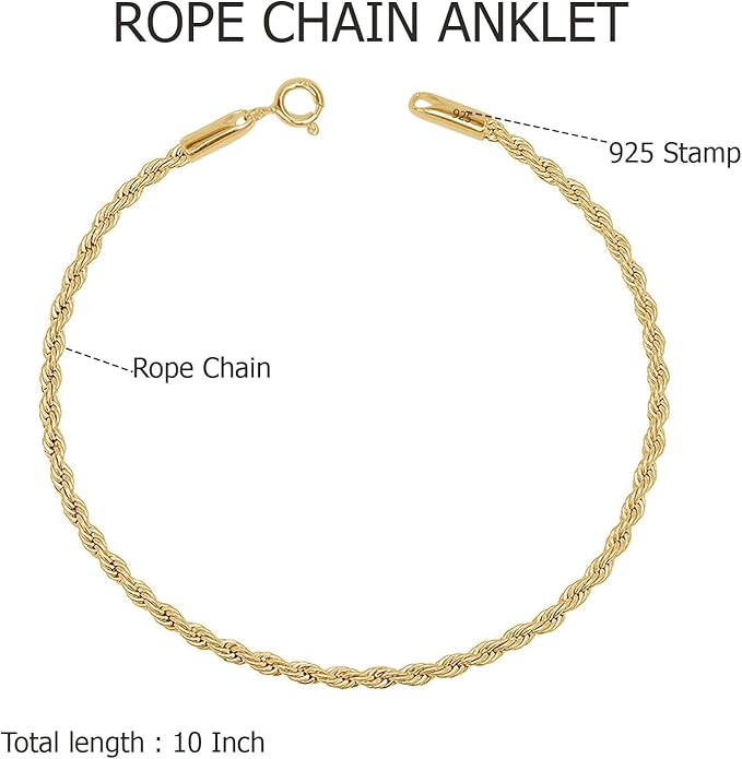 LeCalla 925 Sterling Silver Anklets for Women | Italian 1.8MM Diamond-Cut Braided Rope Chain Ankle Bracelet | Women's Ankle Bracelets Jewelry Gift for Wife, Mom – Birthday, Anniversary & Valentine’s Day