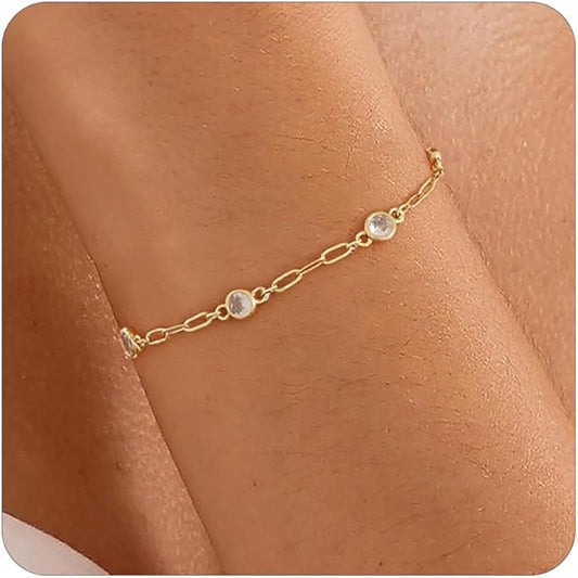 Gold Bracelets for Women,14K Dainty Gold Plated Bracelets Non Tarnish Waterproof Diamond Bracelets Heart Flower Round Square CZ Charm Bracelet Trendy Stuff Jewelry Gifts for Her