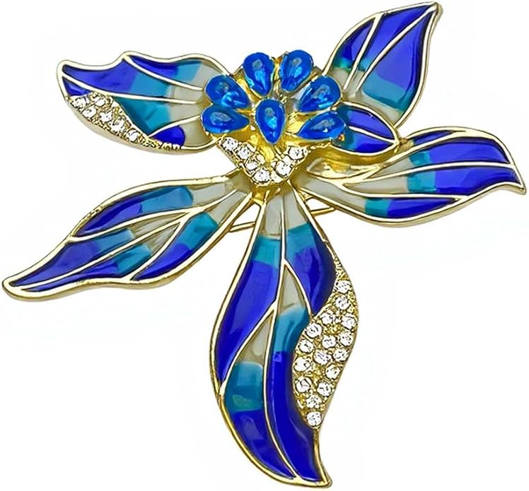 Multi-Color Enamel Flower Brooch For Women Gold Tone with Blue Zircon Crystal Accents, Vibrant Brooches Pin for Dresses Blazers