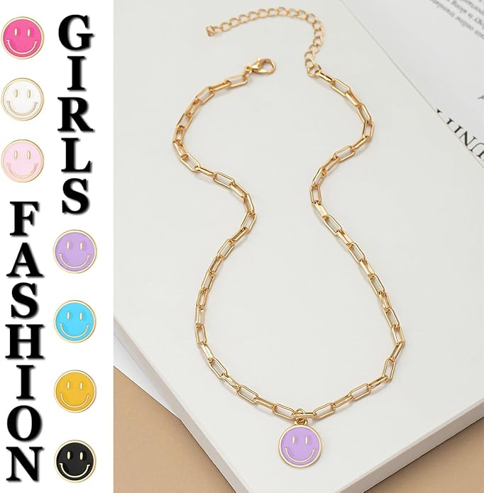 Smile Pendant Necklace Smile Face Chain Necklace Paperclip Necklace Cute Round Pendant Necklace Preppy Jewelry for Women Girls