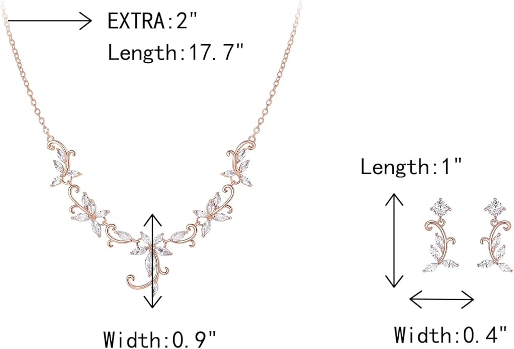 Crysdue Flower Leaf Wedding Jewelry Set for Bridal Bridemaid, Cubic Zirconia Teardrop Elegant Silver/14K/Rose Gold Plated Vine Necklace Dangle Earrings for Prom Party