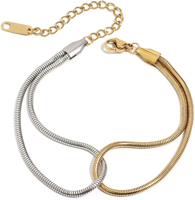 Cryinsun 18K PVD Gold Silver Waterproof Two Tone Twisted Circle Link Chain Bracelet for Women,Snake Chain Link Bracelets Dual Color Mixed Chain Bracelets Jewelry Gifts