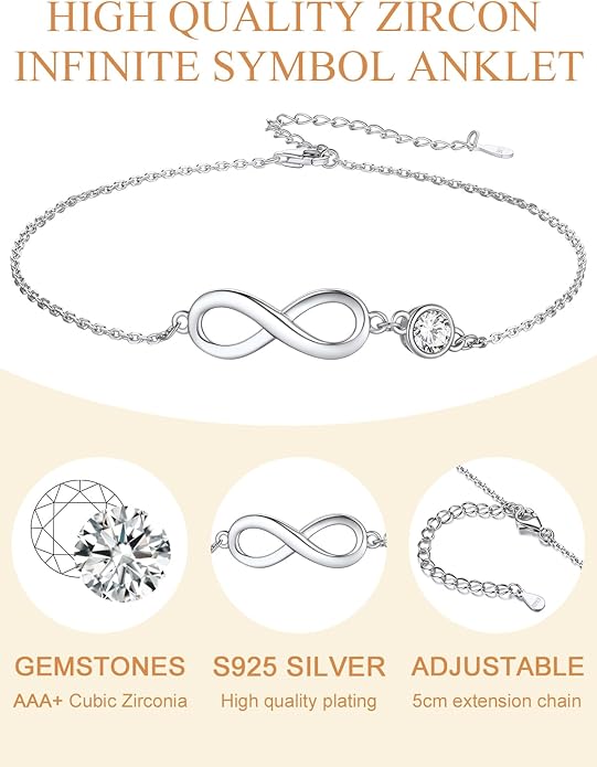 Custom4U Personalized Infinity Ankle Bracelets for Women 925 Sterling Silver Anklet Bracelet Endless Love Symbol Birthstone Charm Adjustable Foot Chain Jewelry Mothers Day Gifts for Mom Wife Women Her