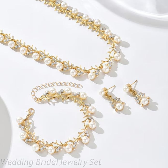 la luen Pearl Bride Wedding Jewelry Set Faux Pearls Crystal Rhinestone Necklace Earrings Bracelet Sets for Women Bridesmaid(3 PCS)