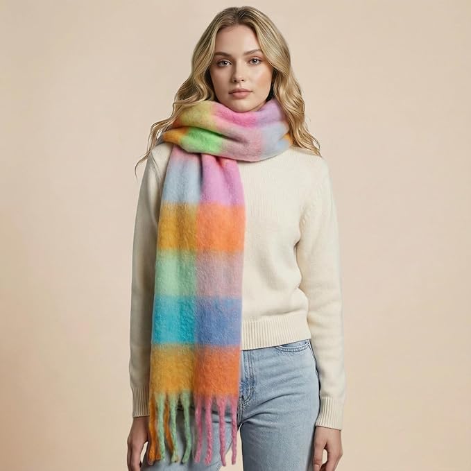 SHOHOKU Large Chunky Plaid Scarf Coloured Checked Oversized Scarf Tassel Soft Fall Winter Thick Warm Shawl Women