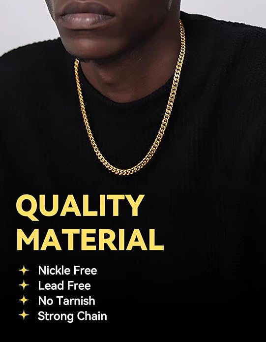 ChainsHouse Miami Cuban Link Chain Necklace for Men, 4.8mm/6mm/10mm/14mm Width, 14K Gold Plated/Stainless Steel/Black Mens Chunky Hip Hop Necklace Curb Chains, 14"-30" Length, Come Gift Box