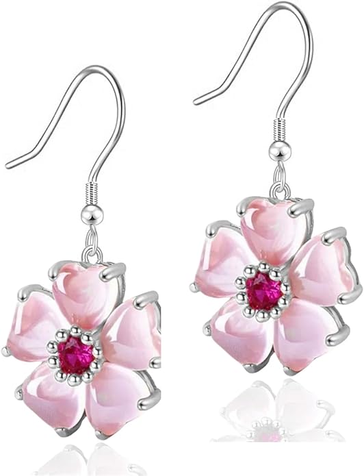 VONSSY Elegant Cherry Blossom Necklace Earrings Pink Cats Eye Flower Flora Sakura Gemstone Crystal Pendant 18k Gold Plated Chain Jewelry Set Gift for Woman Wife Girlfriend