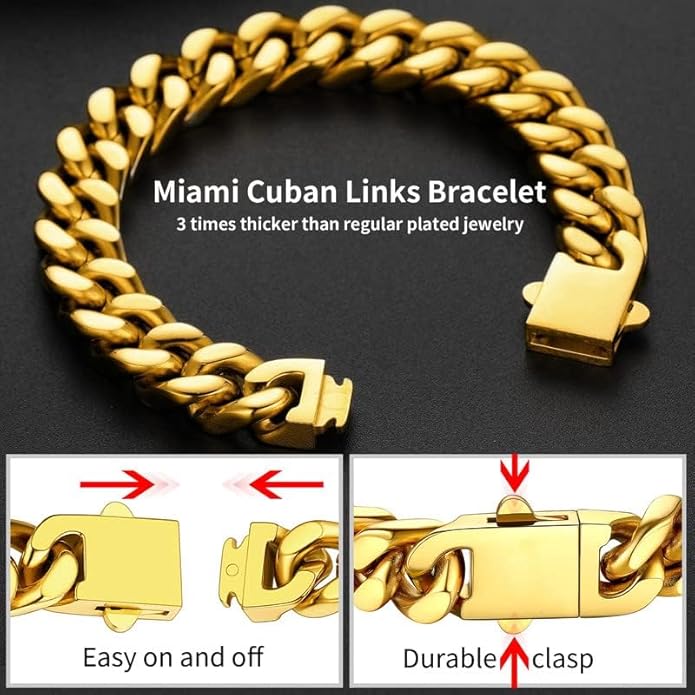 ChainsHouse Stainless Steel Cuban Link Bracelet for Men, 5mm/7mm/9mm/12mm Width, 7.5"/8.3"/9" Length, Black/18K Gold Plated Chain Wrist Bracelets for Men, with Gift Box