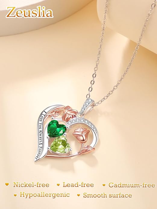 Zeuslia Double Birthstone Necklace Gifts for Wife - 925 Sterling Silver Sunflower/Rose/Crown Cross/Compass/Heart Pendant I Love You Necklace, Anniversary Birthday Gifts for Wife Girlfriend Mom Her
