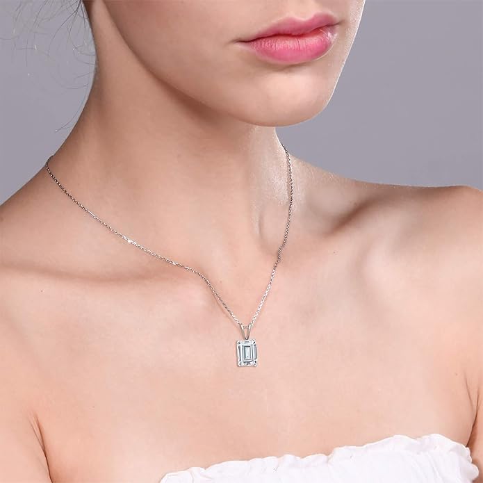 Gem Stone King Emerald Cut Pendant Necklace For Women | 925 Sterling Silver | Emerald Cut 9X7MM | Gemstone Birthstone | Fine Jewelry for Her Mom Wife | With 18 Inch Silver Chain