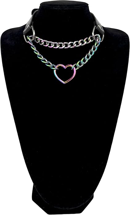 Black Leather Choker Collar For Women, Handmade Heart Slip Chain Choker Long Necklace with Adjustable Buckle