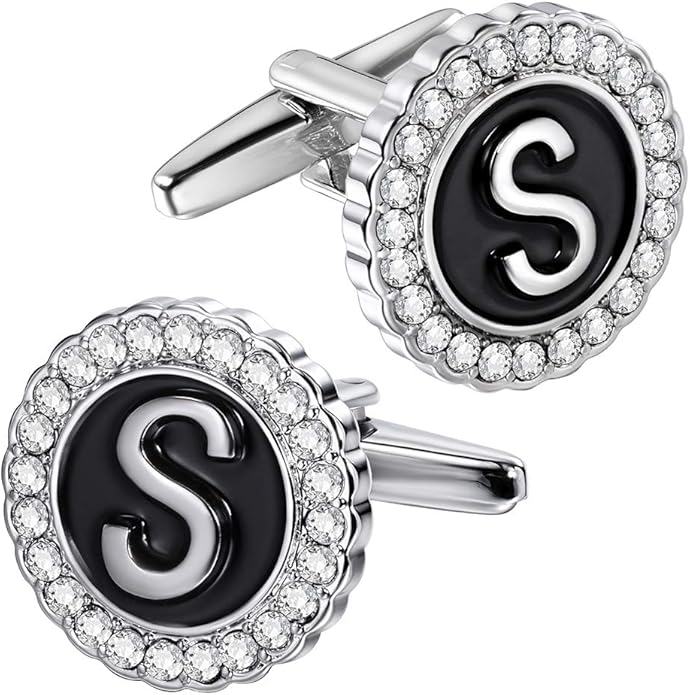HAWSON A-Z Initial Cufflinks for Men and Women with Clear Crystal, Gold Silver Color Rasied Letter A-Z Cuff Links for French Shirt, Gift for Normal and Business Wearing