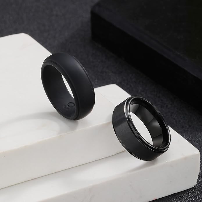 VNOX 2PCS Mens Wedding Band Set Silicone Tungsten Rings for Men，8mm Black Ring Promise Engagement Anniversary Bands Comfort Fit Size 8-12
