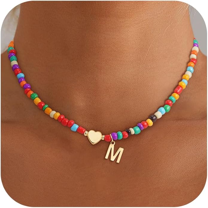 Colorful Initial Necklaces for Girls Women Kids - Teen Girls Gifts Trendy Stuff Beaded Initial Necklace Dainty Letter Choker Necklace for Girl Gifts Jewelry
