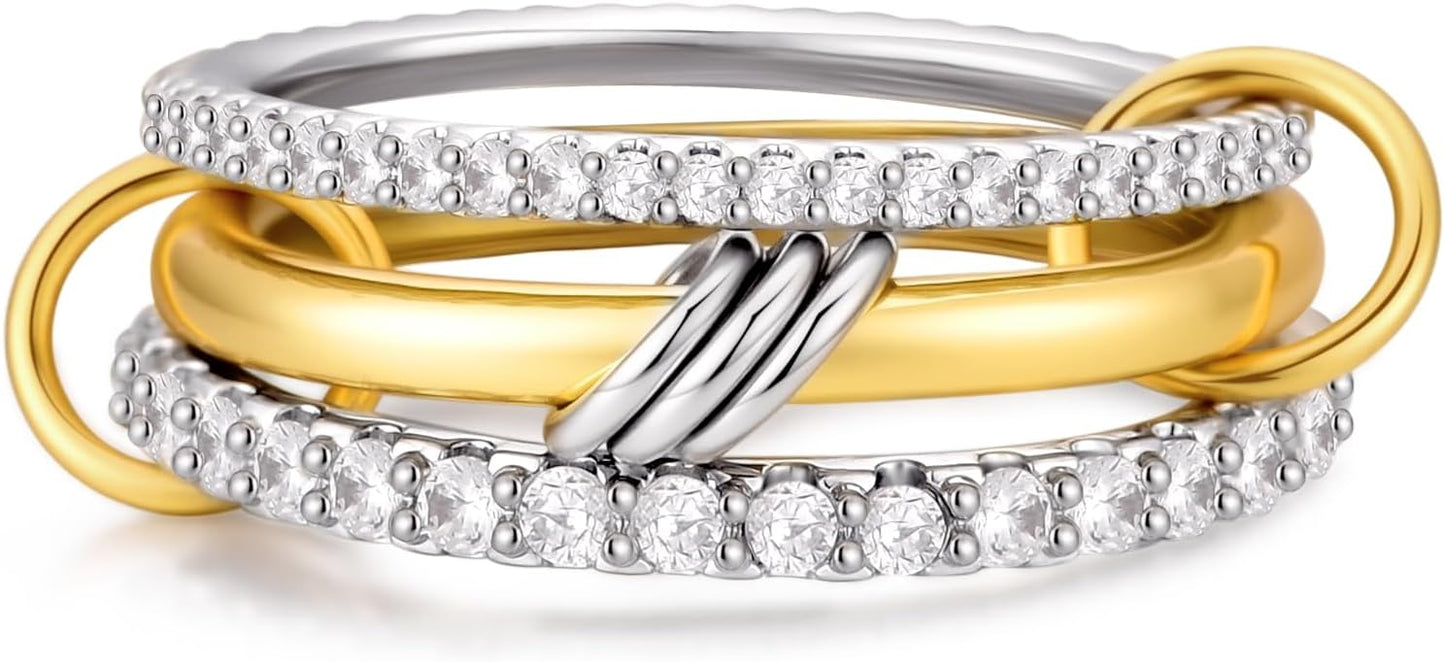 Canboer 14K Gold Plated Interlocked Stackable Rings for Women Non Tarnish,Gold and Silver Cubic Zirconia Statement Rings Set,Mixed Metals Ring Two-Toned Connected Bands Stacking Jewelry