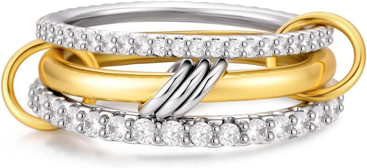 Canboer 14K Gold Plated Interlocked Stackable Rings for Women Non Tarnish,Gold and Silver Cubic Zirconia Statement Rings Set,Mixed Metals Ring Two-Toned Connected Bands Stacking Jewelry