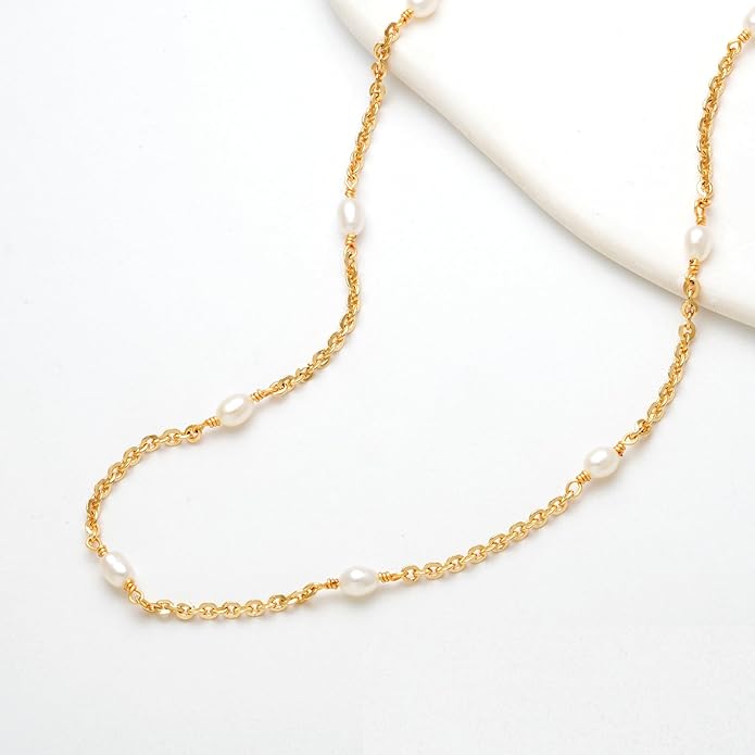 MTMY Beaded Necklaces for Women 14K Gold Plated Dainty Colorful Green/Rose Beaded Pearl Choker Necklace Delicate Boho Choker Necklace Jewelry Gift