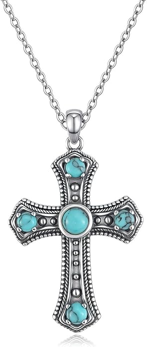 Turquoise Cross Necklace for Women, 925 Silver Western Bohemian Vintage healing Necklace, Faith Spiritual Boho Jewelry, Christian Religious Christmas Birthday Gift for Wife Girlfriend Mom
