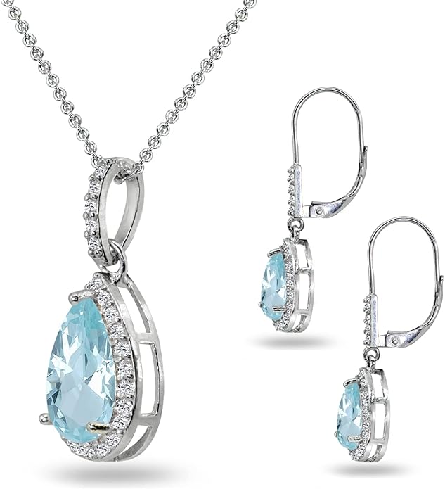 Jewelry Sets for Women, Necklace and Earring Sets for Women, Birthstone Jewelry, Genuine or Synthetic Gemstones, Teardrop Necklace and Dangle Earrings, Pendant Necklace, Sterling Silver Jewelry