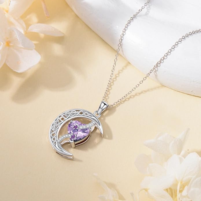 TOUPOP Moon and Star Birthstone Necklace for Women 925 Sterling Silver Celtic Moon Jewelry Birthday Christmas Gifts for Her Girlfriend
