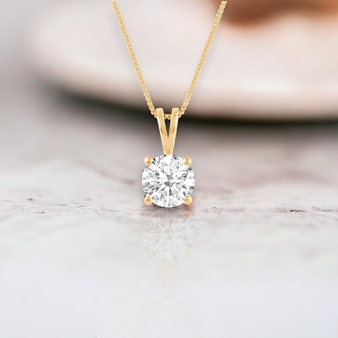 Everyday Elegance Solid 14K Gold Cubic Zirconia Solitaire Pendant Necklace for Women Heart, Princess, Round, Oval, Emerald, Pear & Cushion Cut 1 or 2 CTW | .60mm Thick 16" 18" Length Box Link Chain