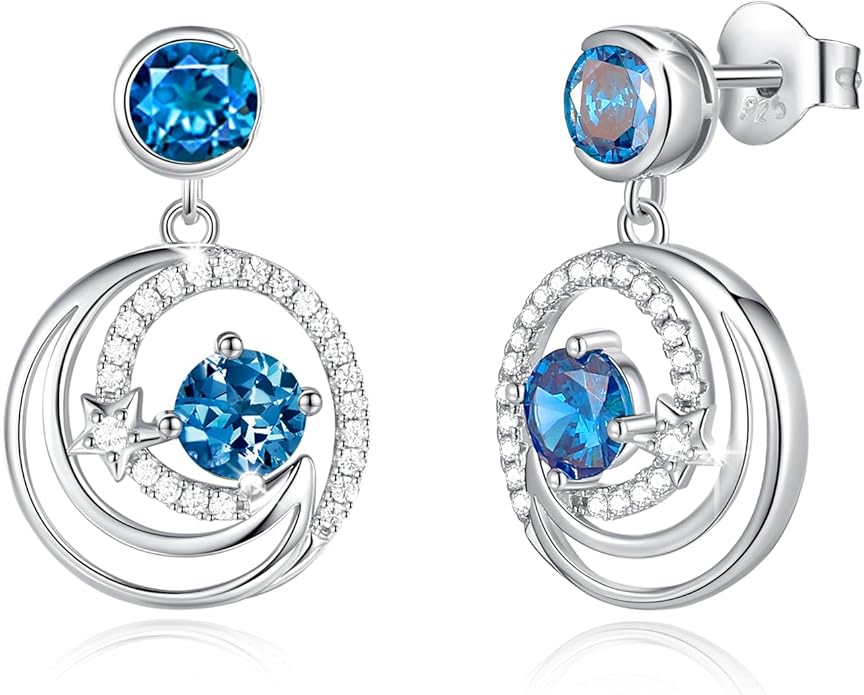 FANCIME Dangle Drop Earrings 925 Sterling Silver Moon Star Round Gemstone Birthstone Jewelry Birthday Christmas Gifts for Her Women