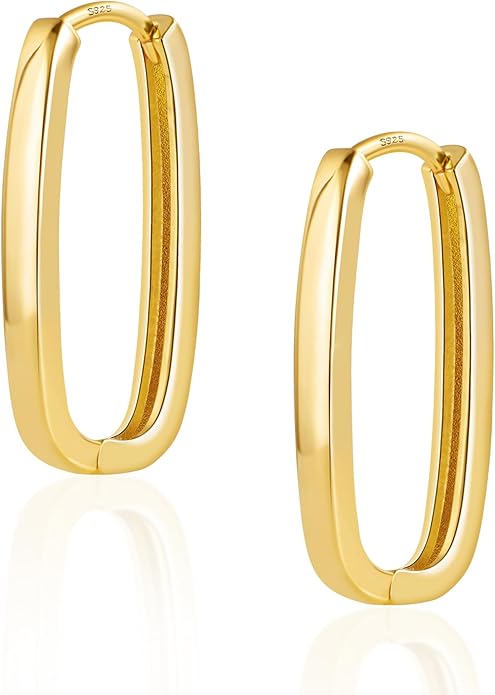 925 Sterling Silver Rectangle Hoop Earrings for Women Silver Geometric Hypoallergenic Oval Hoop Earrings 14K Gold Square Huggie Hoops Earrings for Jewelry Gifts