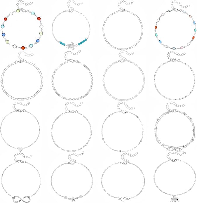 Starain 12Pcs Summer Beach Anklets for Women Waterproof Gold Silver Chain Ankle Bracelets Cute Women's Foot Anklet Set 7.9-10.5 inch Adjustable