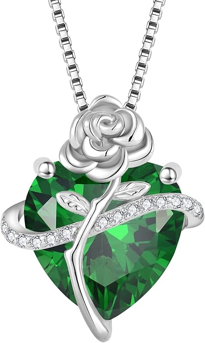Birthstone Necklace for Women 925 Sterling Silver Love Heart Rose Flower Necklace Dainty Jewelry Gifts for Women Wife Girlfriend Mother Daughter Her