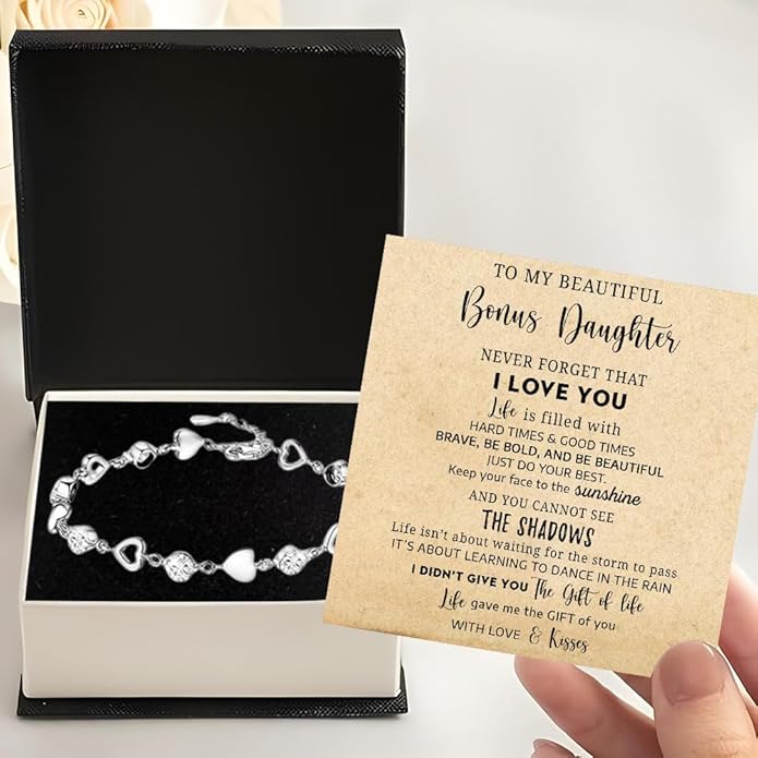To My Bonus Daughter Heart Bracelet Gift, Beautiful Bonus Daughter Jewelry From Step Mom Dad With Message Card and Box Meaning, Christmas Graduation Birthday Gifts, To My Stepdaughter Bracelet