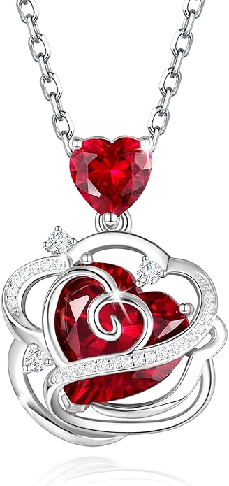 FANCIME Thornless Pulse Birthstone Necklace for Women Sterling Silver Rose Pendant Fine Jewelry Gemstone Birthday Valentines Day Gifts for Wife Her