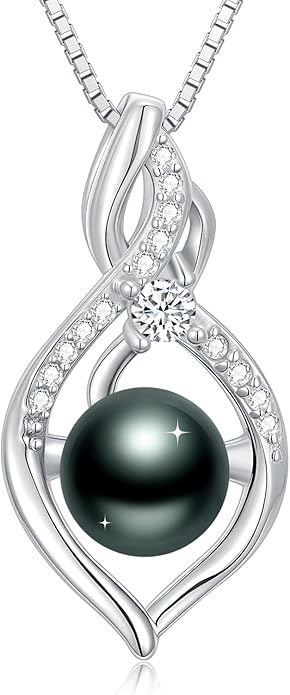 KANNSOAR Tahitian Black Pearl 18K White Gold Plated Sterling Silver Heart/Infinity/Four Leaf Clover Pendant Necklace Jewelry Gifts for Women Wife Mom Girlfriend Wedding Birthday Anniversary Christmas