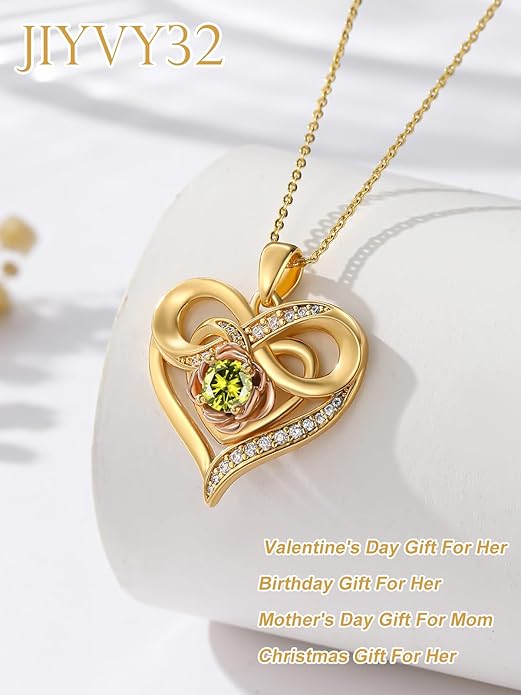 Infinite Heart Birthstone Necklaces for Women Gold Plated Pendant Wedding Anniversary Birthday Gift for Wife Her Mom Grandma Daughter Jewelry with Round Birthstone